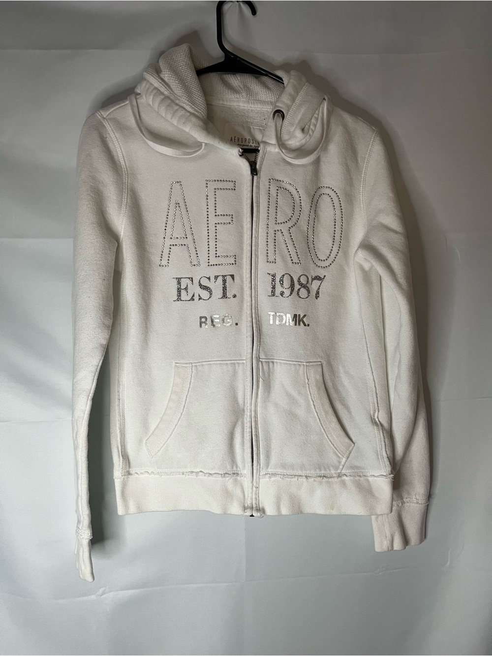 Aeropostale White Full-Zip Hoodie with Metallic Accents